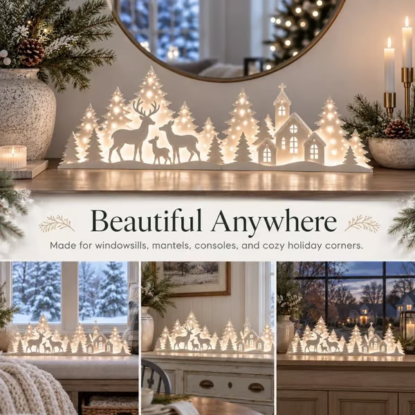 🦌 Illuminated Christmas decorations for the window – reindeer & village | 2-piece LED set ✨