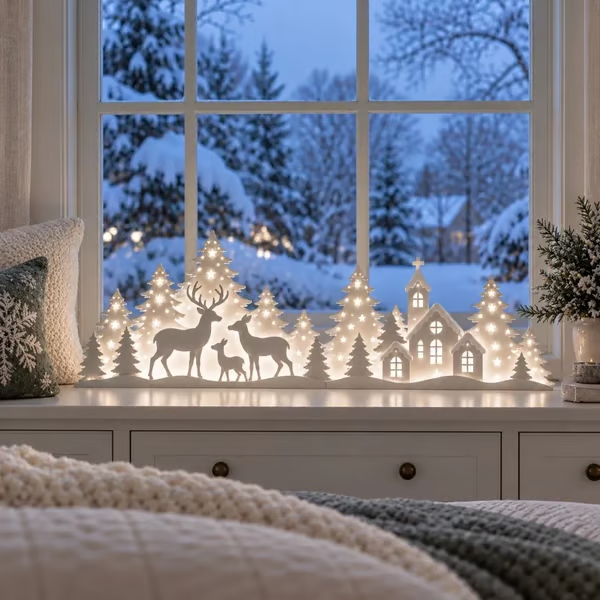 🦌 Illuminated Christmas decorations for the window – reindeer & village | 2-piece LED set ✨