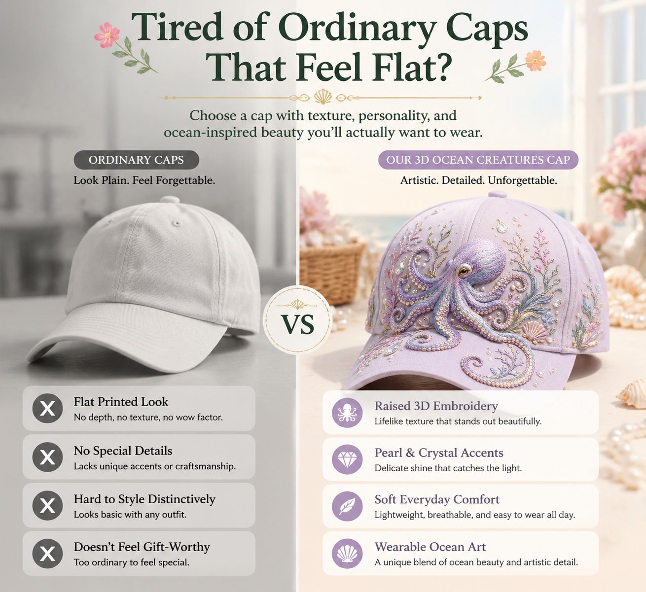 🌊 3D Ocean Creatures Printing Cap | Pearl & Crystal Adjustable Hat for Beach, Travel & Everyday Wear