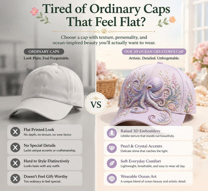 🌊 3D Ocean Creatures Printing Cap | Pearl & Crystal Adjustable Hat for Beach, Travel & Everyday Wear