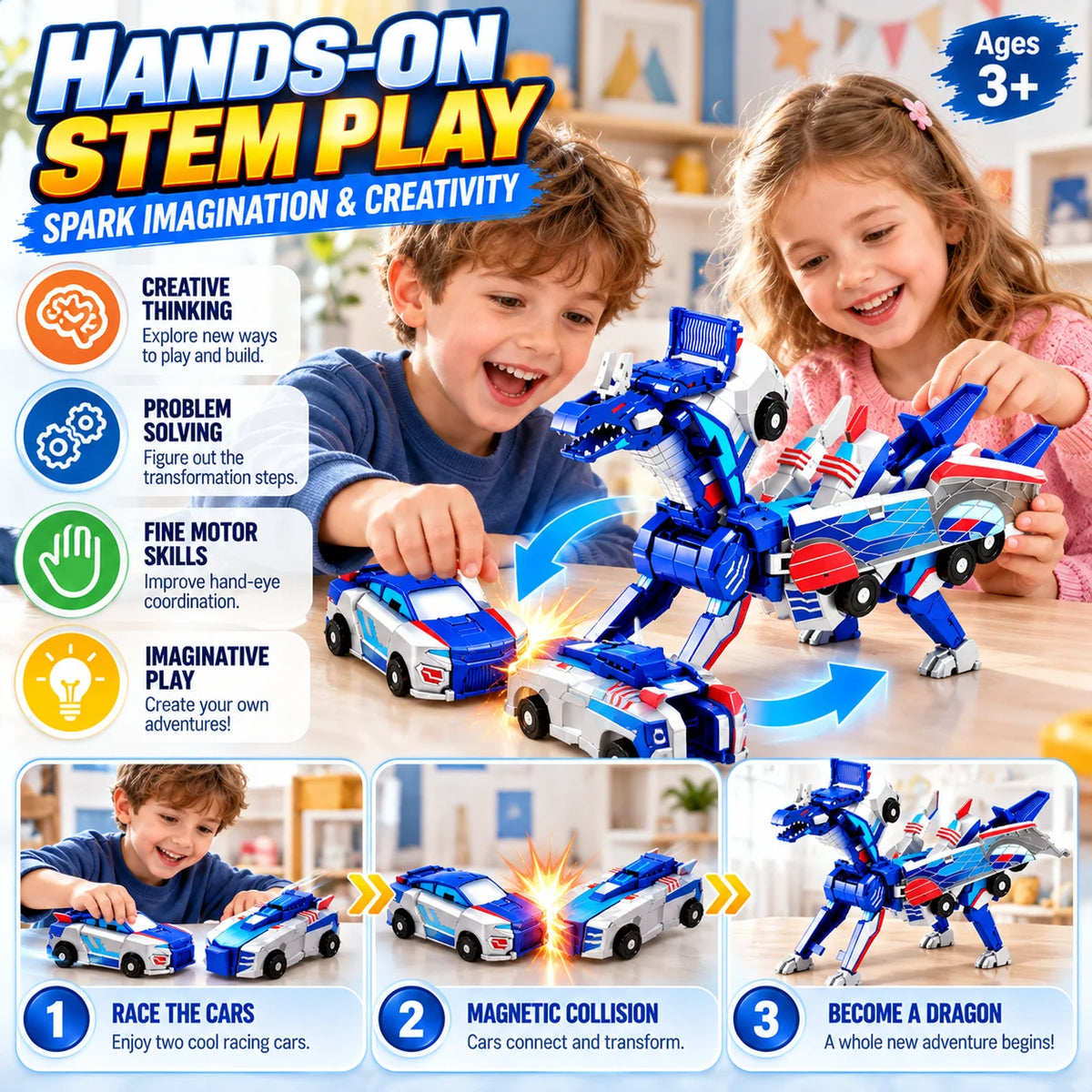 2-in-1 Magnetic Transforming Dragon Car Toy – Racing Car Set
