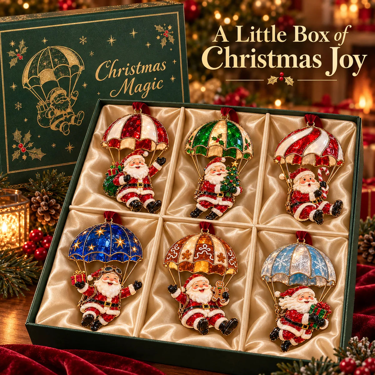 🎅Parachuting Santa Christmas Ornaments – 6 Whimsical Holiday Designs