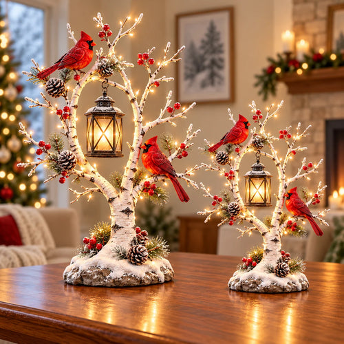 ❤️ Cardinal Winter Lantern Tree – Lighted Snowy Birch Tree with Red Cardinals & Hanging Lantern ✨