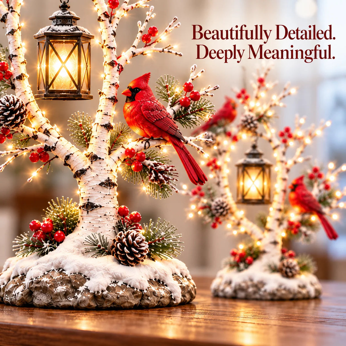 ❤️ Cardinal Winter Lantern Tree – Lighted Snowy Birch Tree with Red Cardinals & Hanging Lantern ✨