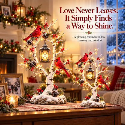 ❤️ Cardinal Winter Lantern Tree – Lighted Snowy Birch Tree with Red Cardinals & Hanging Lantern ✨