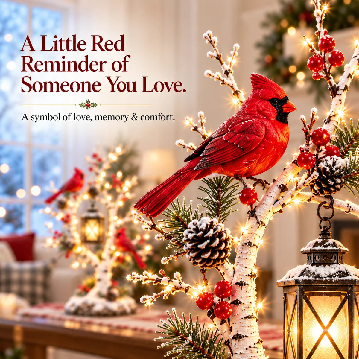 ❤️ Cardinal Winter Lantern Tree – Lighted Snowy Birch Tree with Red Cardinals & Hanging Lantern ✨