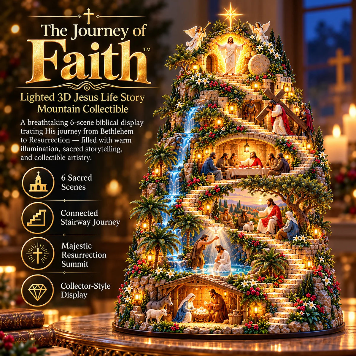 ✝️ The Journey of Faith – Lighted 3D Jesus Life Story Mountain with 6 Sacred Biblical Scenes