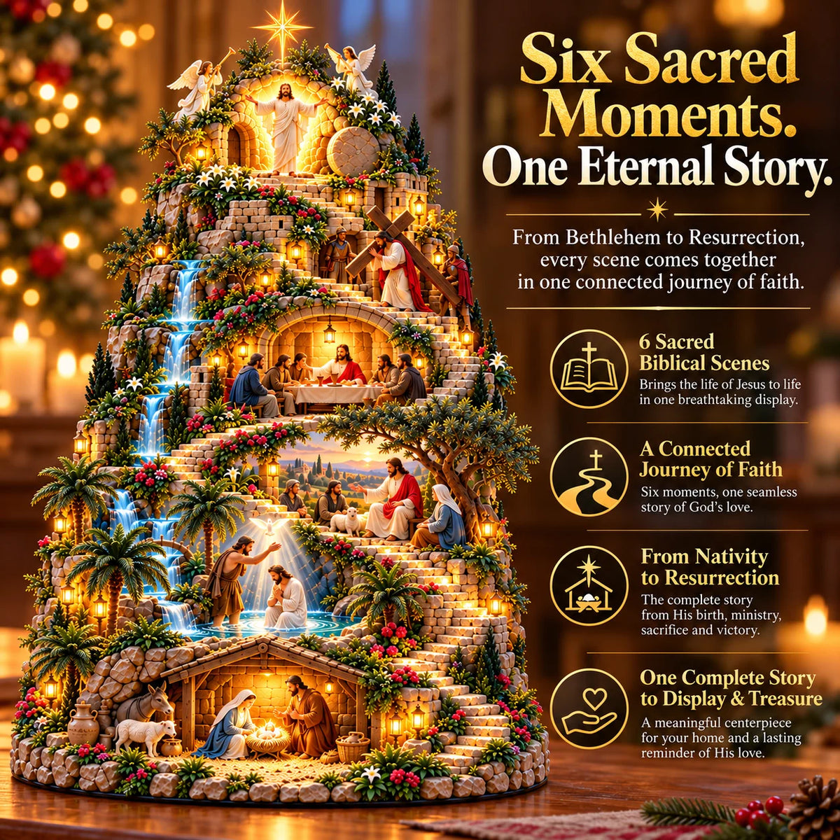✝️ The Journey of Faith – Lighted 3D Jesus Life Story Mountain with 6 Sacred Biblical Scenes