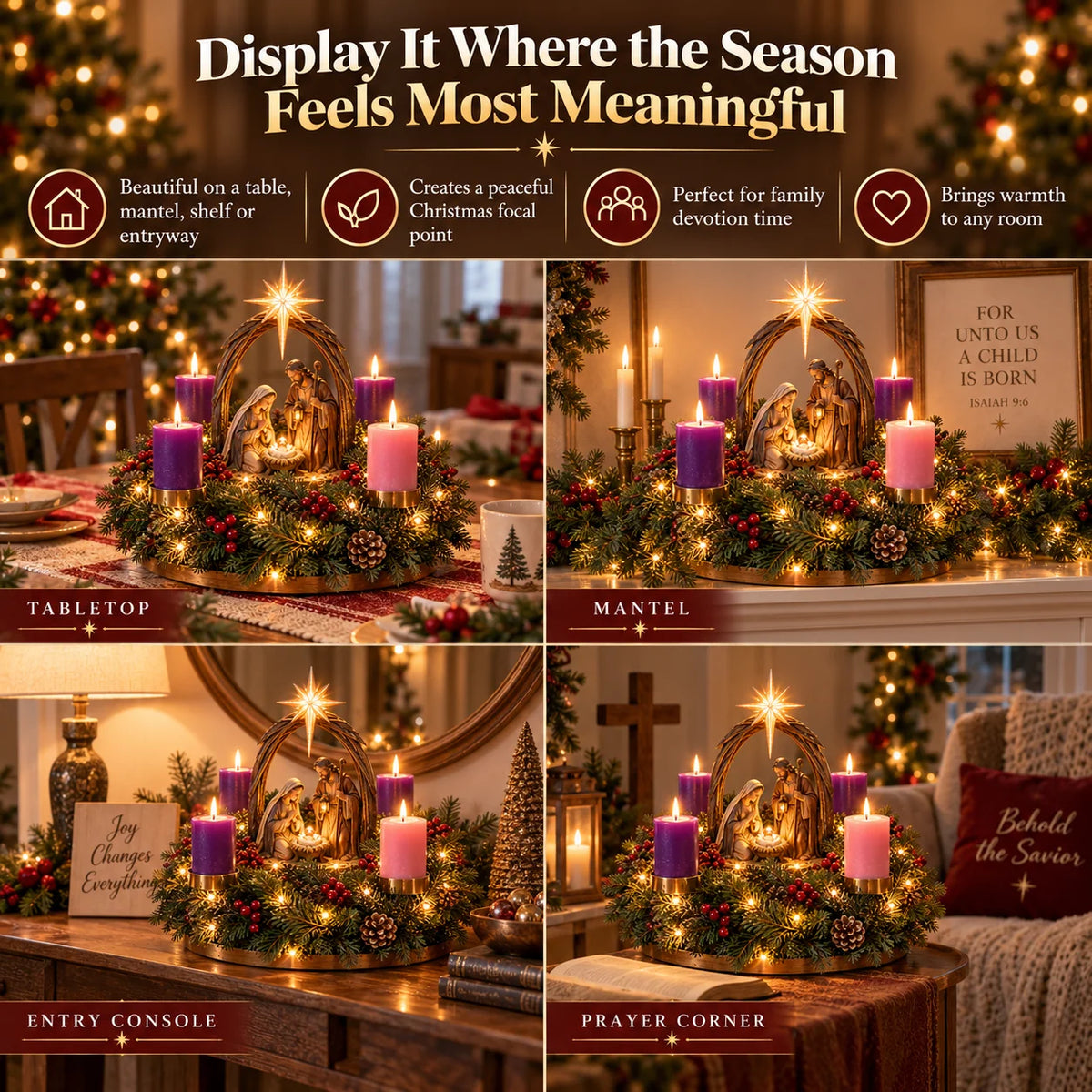 ✝️ Lighted Nativity Advent Wreath – 4-Week Christmas Candlelight Tradition 🕯️