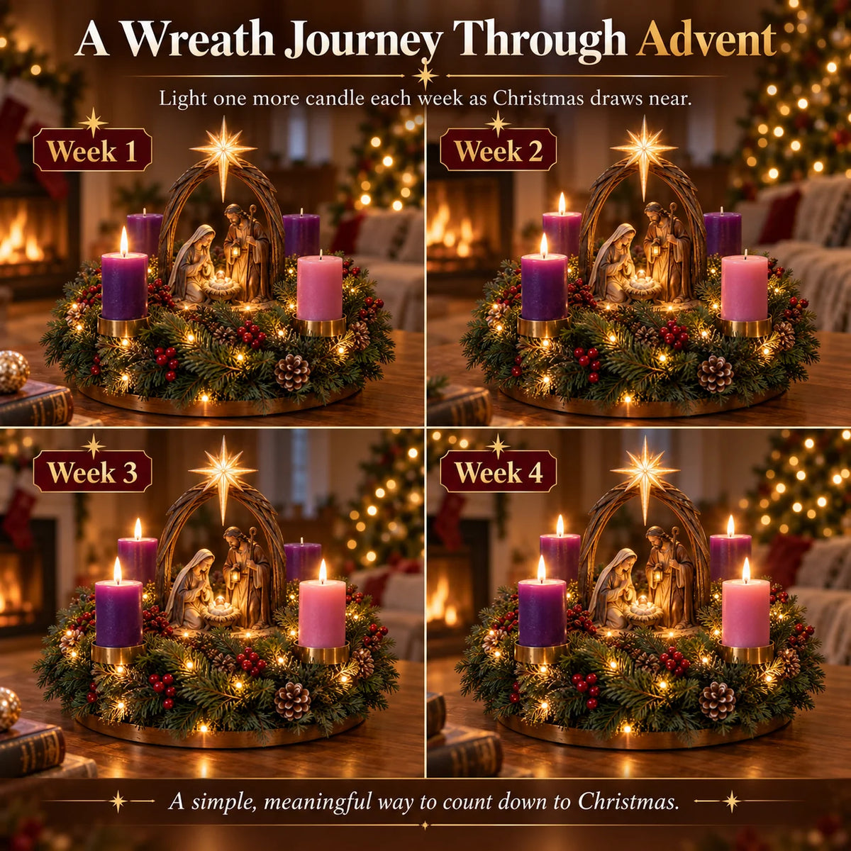 ✝️ Lighted Nativity Advent Wreath – 4-Week Christmas Candlelight Tradition 🕯️
