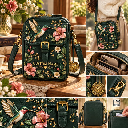 Personalized Hummingbird Crossbody Bag - Custom Name Floral RFID Shoulder Bag 🎁✨