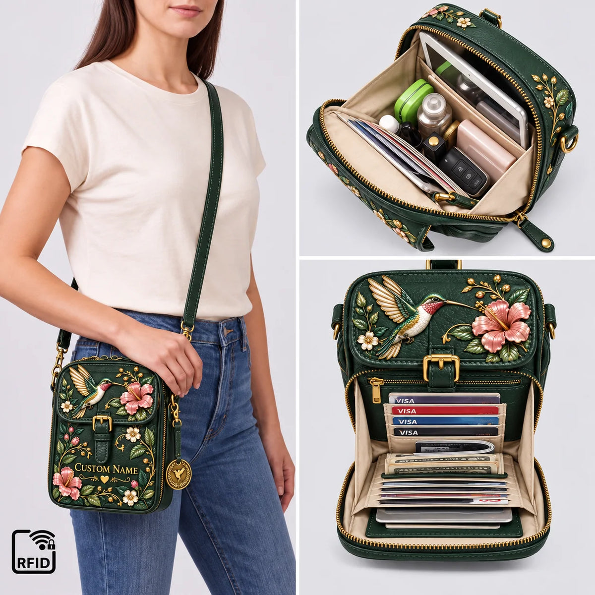 Personalized Hummingbird Crossbody Bag - Custom Name Floral RFID Shoulder Bag 🎁✨