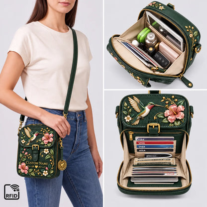 Personalized Hummingbird Crossbody Bag - Custom Name Floral RFID Shoulder Bag 🎁✨