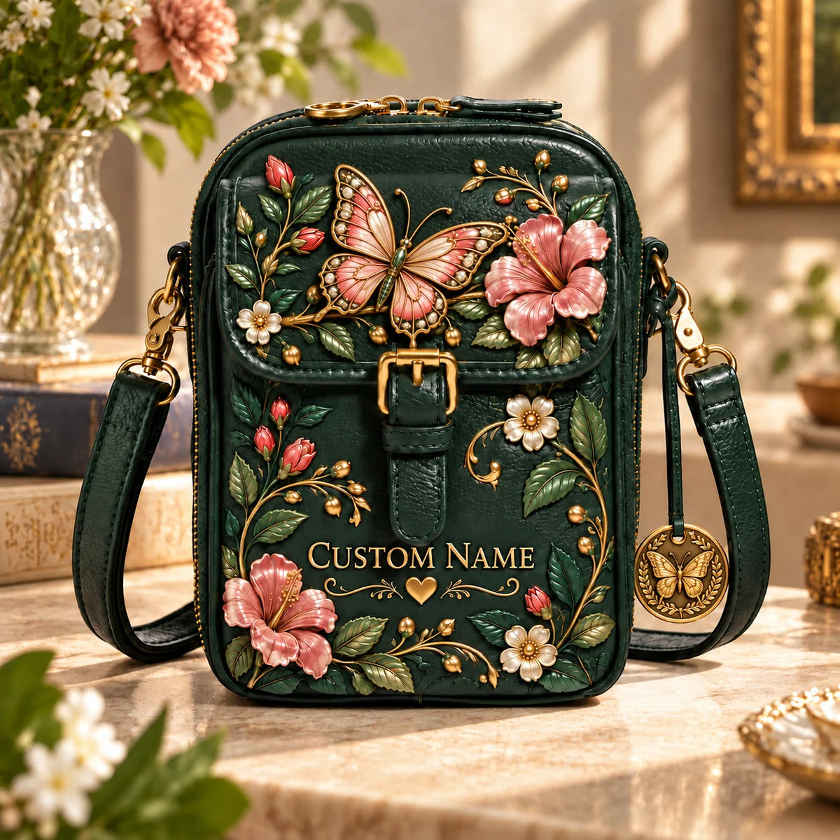 Personalized Hummingbird Crossbody Bag - Custom Name Floral RFID Shoulder Bag 🎁✨