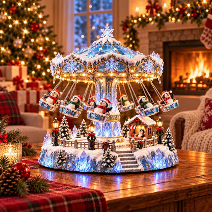 ✨🐧 Penguin Winter Swing Carnival – Light-Up Rotating Christmas Village Decor