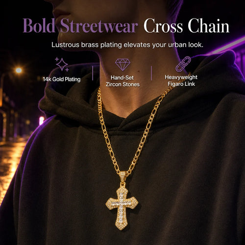🎁new Arrivals 49% Off💥hip Hop Double Layer Baguette Rhinestone Cross Brass With Figaro Chain