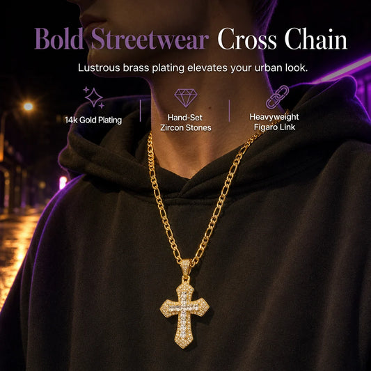 🎁new Arrivals 49% Off💥hip Hop Double Layer Baguette Rhinestone Cross Brass With Figaro Chain
