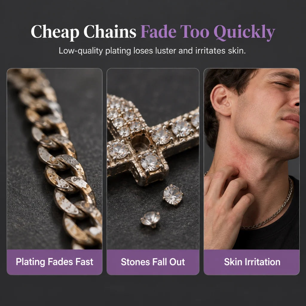 🎁new Arrivals 49% Off💥hip Hop Double Layer Baguette Rhinestone Cross Brass With Figaro Chain