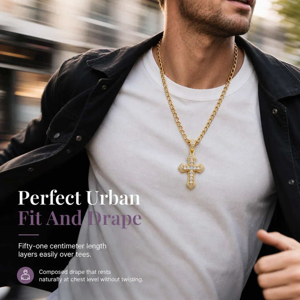 🎁new Arrivals 49% Off💥hip Hop Double Layer Baguette Rhinestone Cross Brass With Figaro Chain