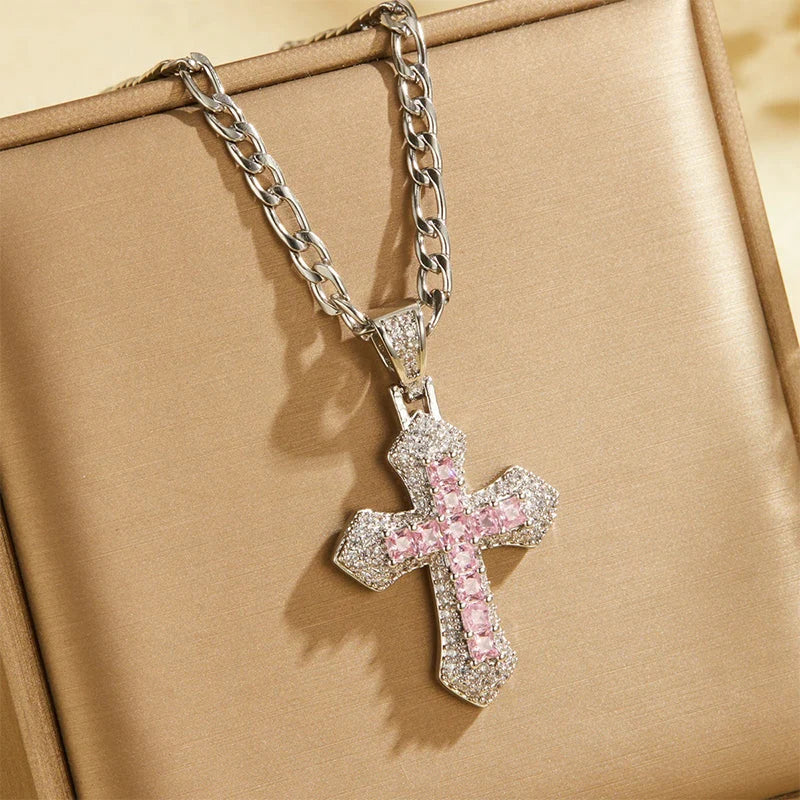 🎁new Arrivals 49% Off💥hip Hop Double Layer Baguette Rhinestone Cross Brass With Figaro Chain