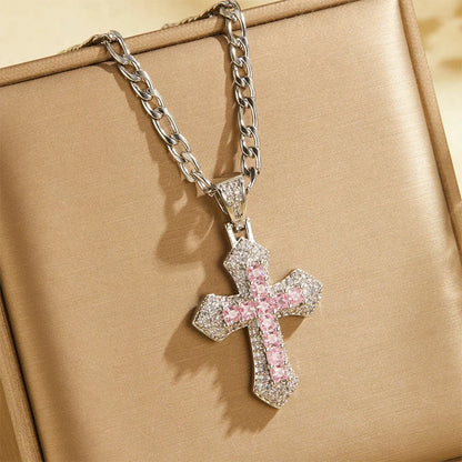 🎁new Arrivals 49% Off💥hip Hop Double Layer Baguette Rhinestone Cross Brass With Figaro Chain