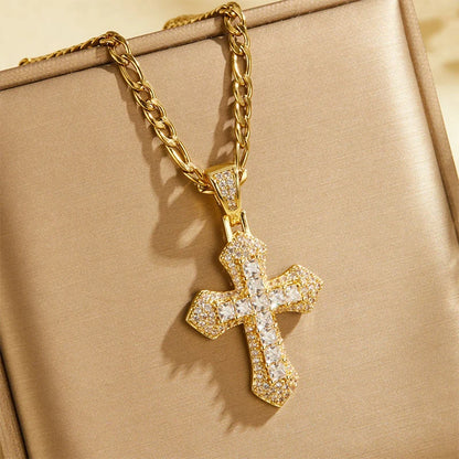 🎁new Arrivals 49% Off💥hip Hop Double Layer Baguette Rhinestone Cross Brass With Figaro Chain