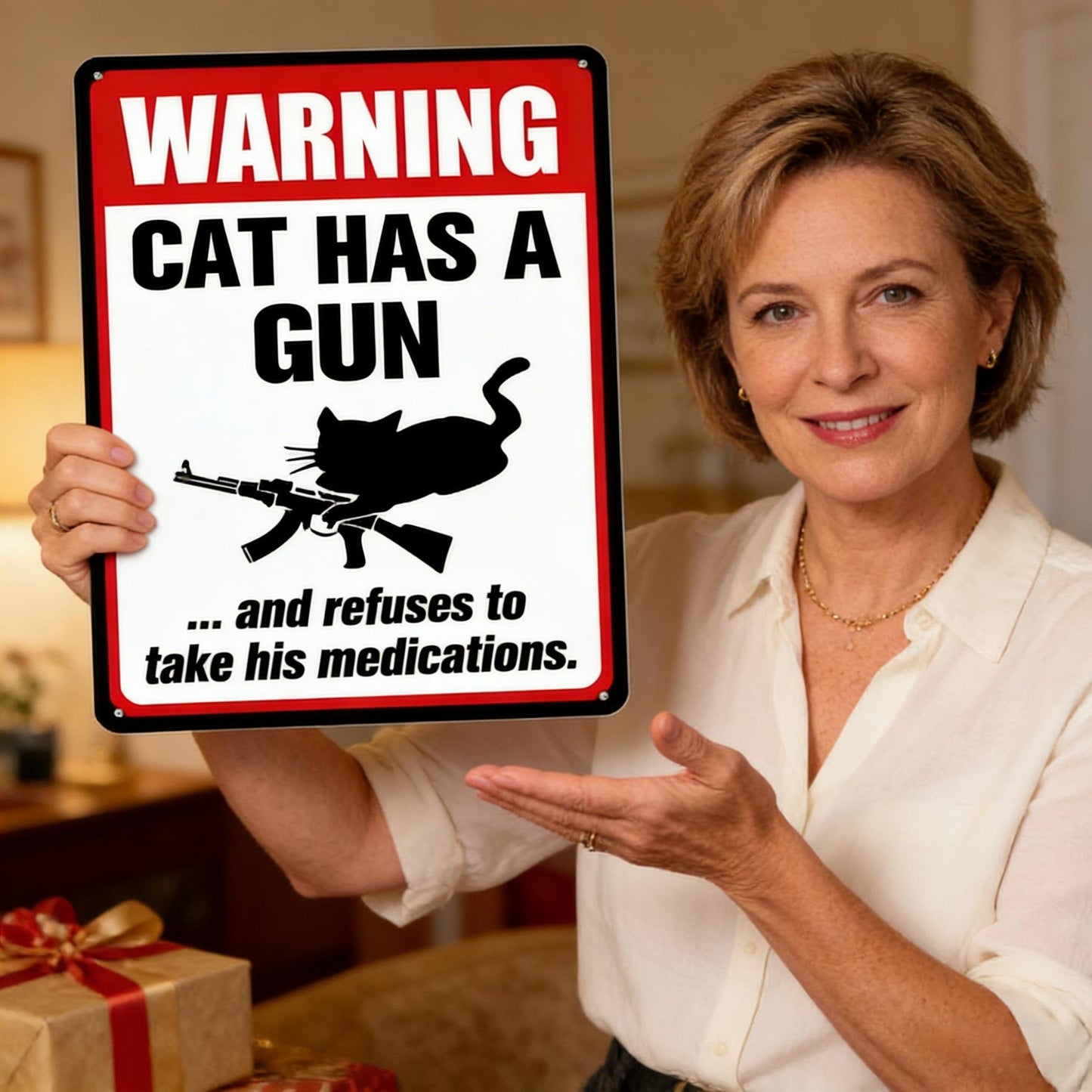 😻Funny "Cat & Dog Has a Gun & Won't Take Meds" Aluminum Sign
