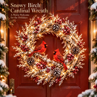 🔥 LAST DAY 49% OFF | Snowy Birch Cardinal Wreath – Lighted Christmas Door Decor ❤️