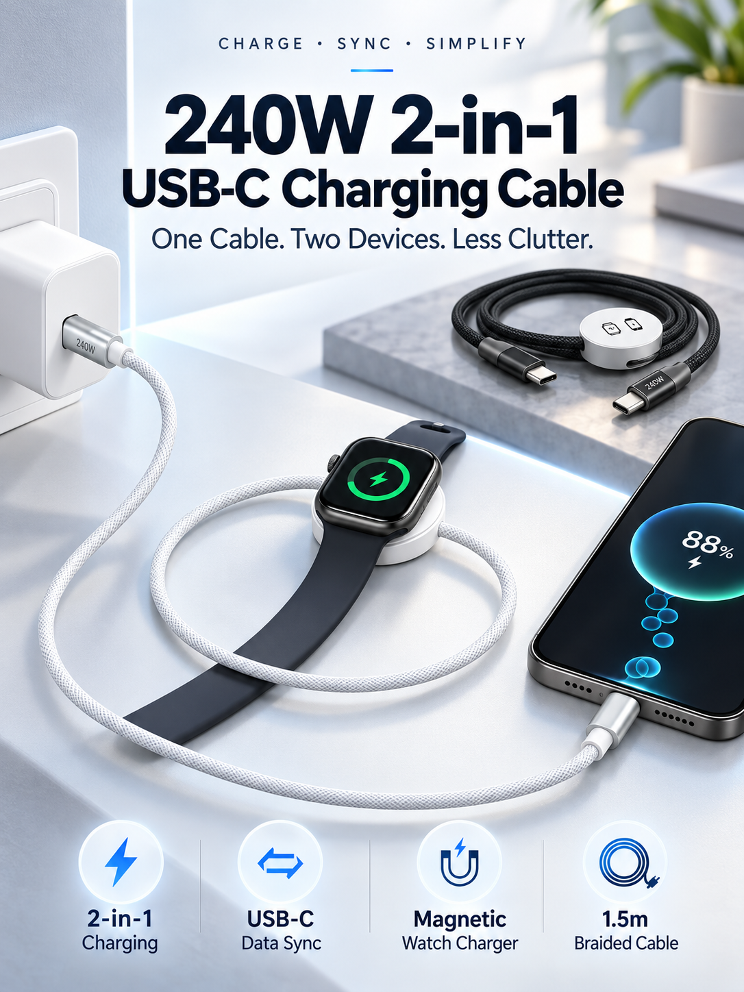 New 240W Fast Charging Cable for Apple Watch iWatch, Wireless Magnetic Charging Circular Data Cable