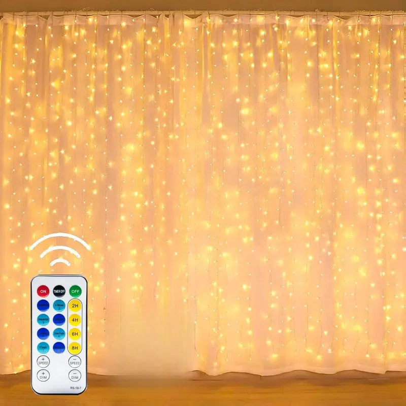 300 LED Curtain Lights – 9.8FT × 9.8FT, 8 Modes, Remote Controlled