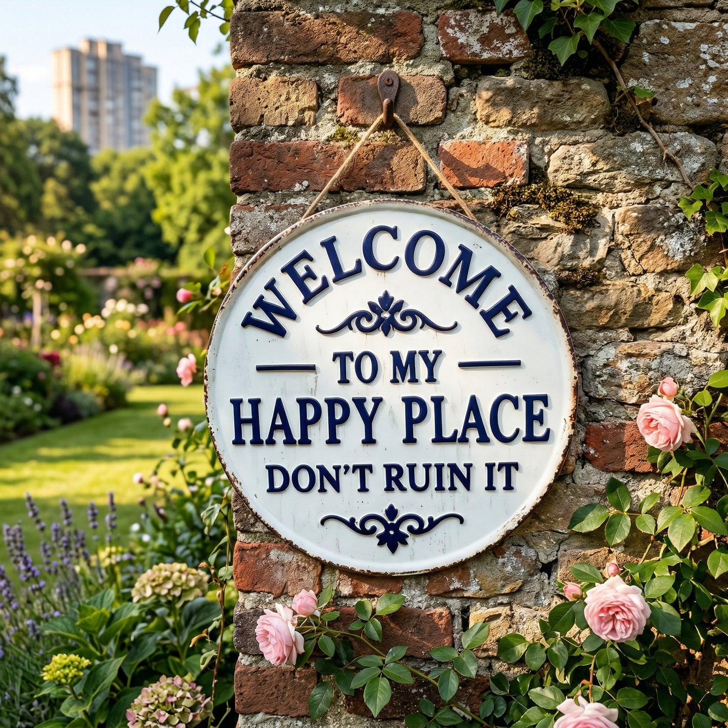 😂Vintage Round Metal Sign – “Welcome to My Happy Place Don’t Ruin It” Garden Wall Decor