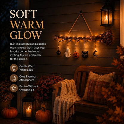 🍂 Lighted Fall Broom Wall Hanging – Cozy Halloween & Autumn Decor