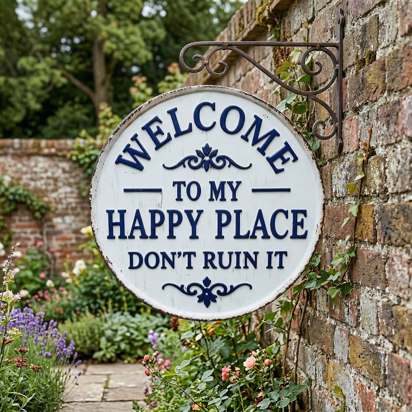 😂Vintage Round Metal Sign – “Welcome to My Happy Place Don’t Ruin It” Garden Wall Decor