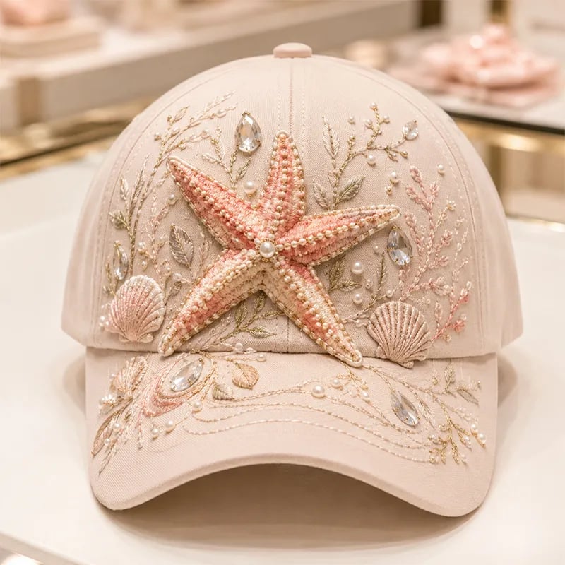 🌊 3D Ocean Creatures Printing Cap | Pearl & Crystal Adjustable Hat for Beach, Travel & Everyday Wear