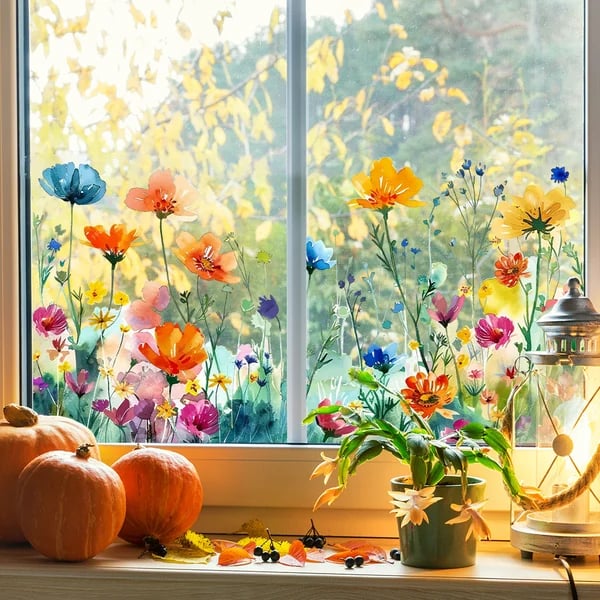 📢📢50% OFF !! ⏰Colorful Floral Bouquet Window Sticker – Vibrant design, easy peel & removable – Perfect for home, cafe & spring decor ✨