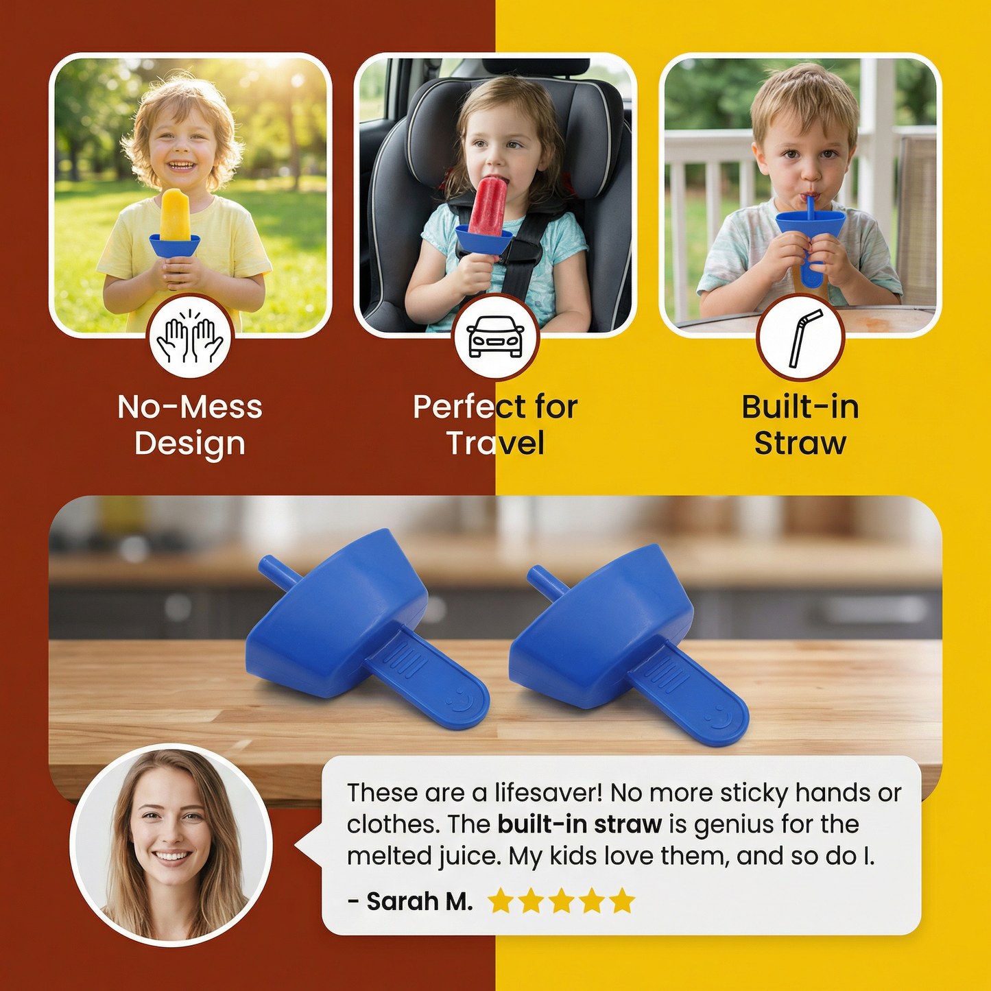 🧃2-Pack Drip-Proof Popsicle Holder for Kids – No-Mess Ice Cream Catcher with Straw