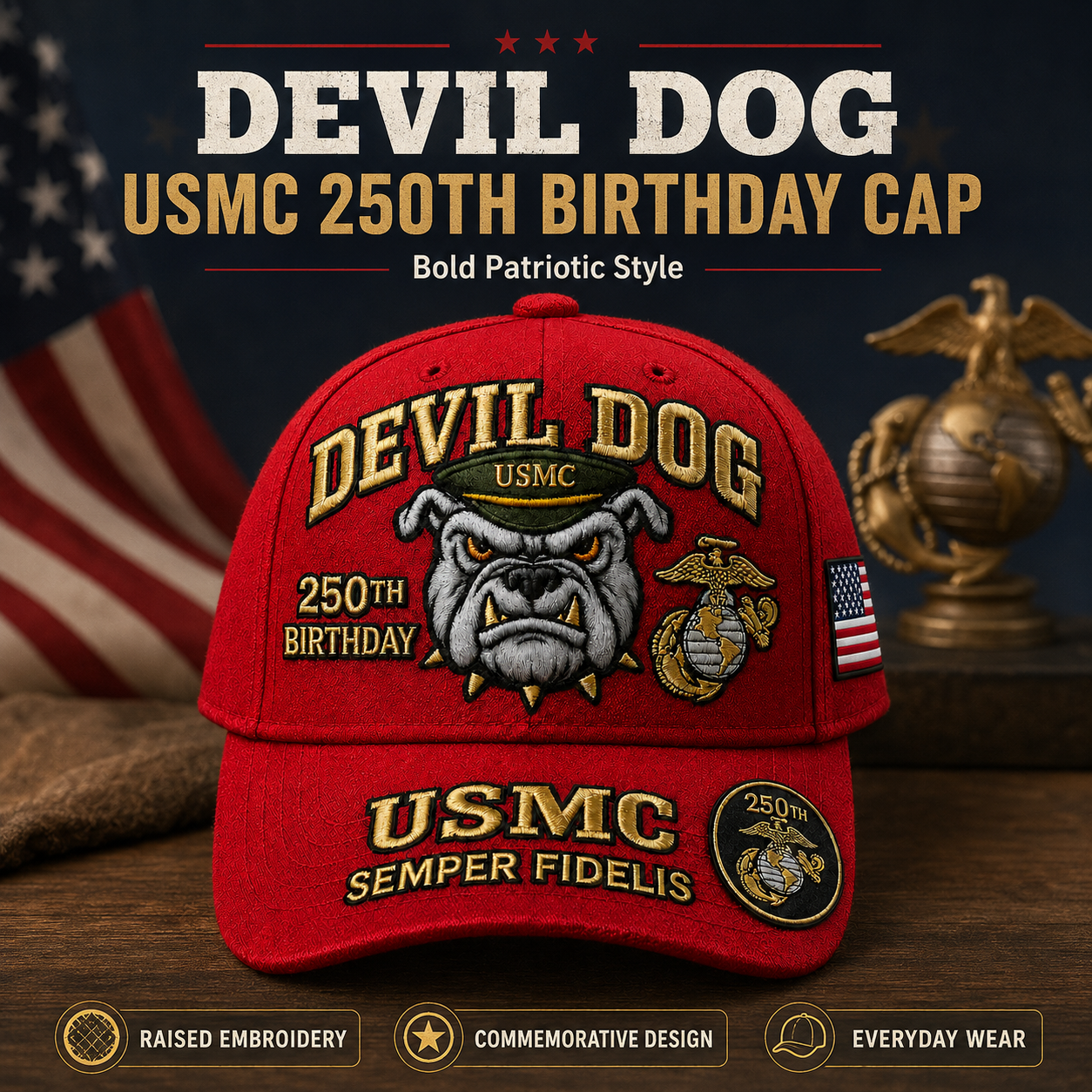 ❤️Devil Dog USMC 250th Birthday Commemorative Embroidered Cap（Printed） 🇺🇸