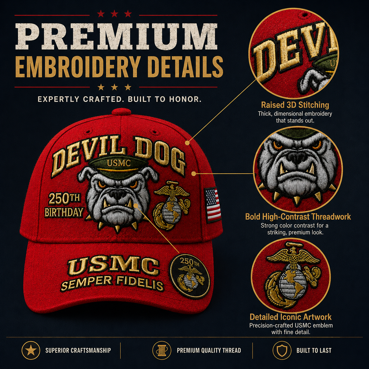 ❤️Devil Dog USMC 250th Birthday Commemorative Embroidered Cap（Printed） 🇺🇸