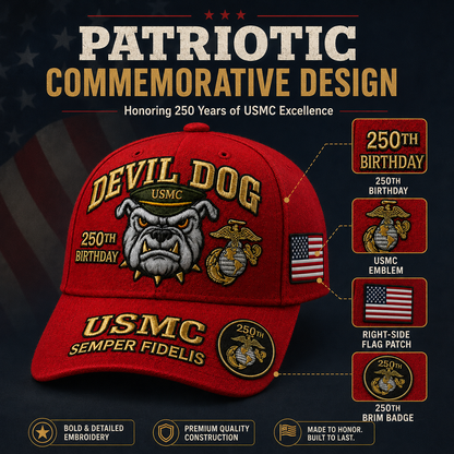 ❤️Devil Dog USMC 250th Birthday Commemorative Embroidered Cap（Printed） 🇺🇸