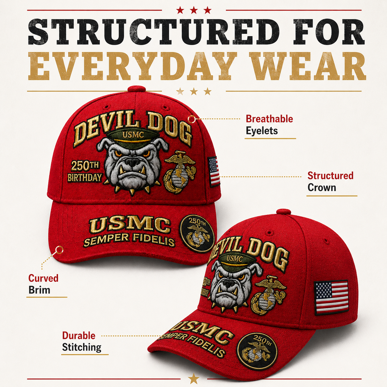 ❤️Devil Dog USMC 250th Birthday Commemorative Embroidered Cap（Printed） 🇺🇸