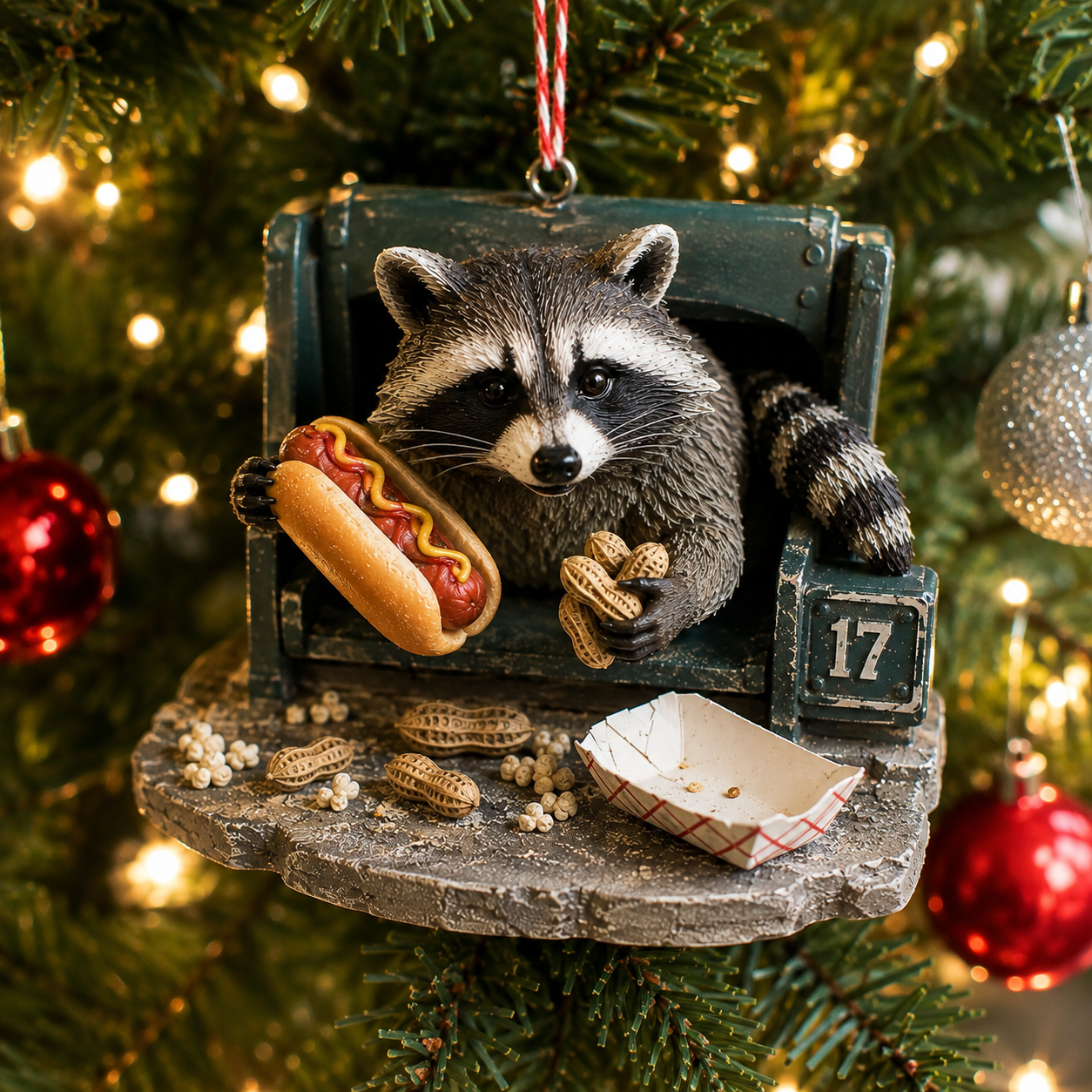 🦝🌭 Viral Ballpark Raccoon Hot Dog Heist Ornament