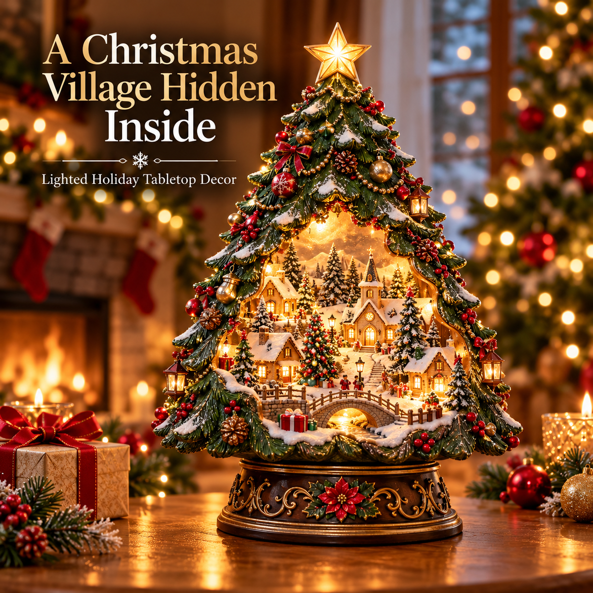 🎄✨ Christmas Tree Keeper – Hidden Village Lighted Tabletop Decor