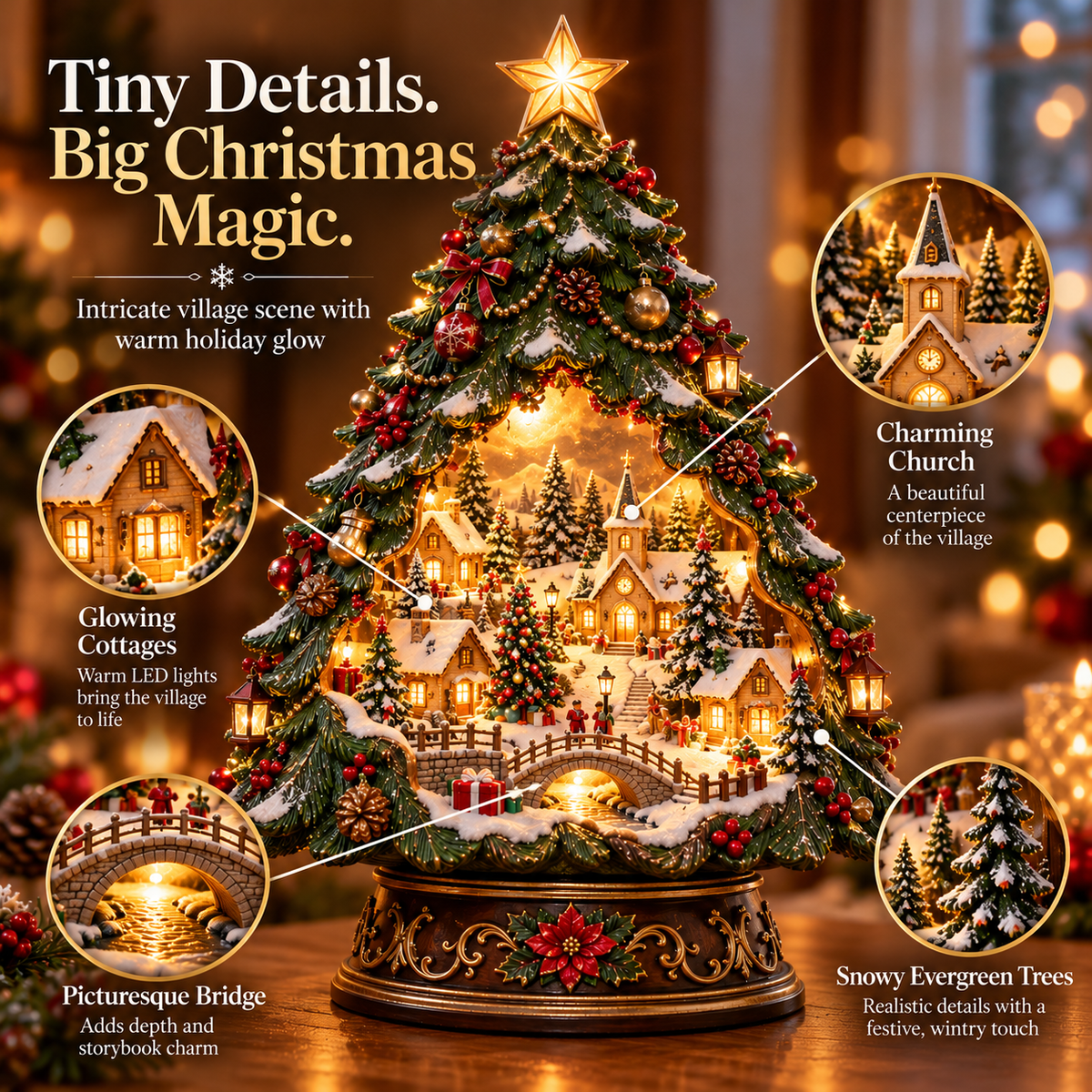 🎄✨ Christmas Tree Keeper – Hidden Village Lighted Tabletop Decor