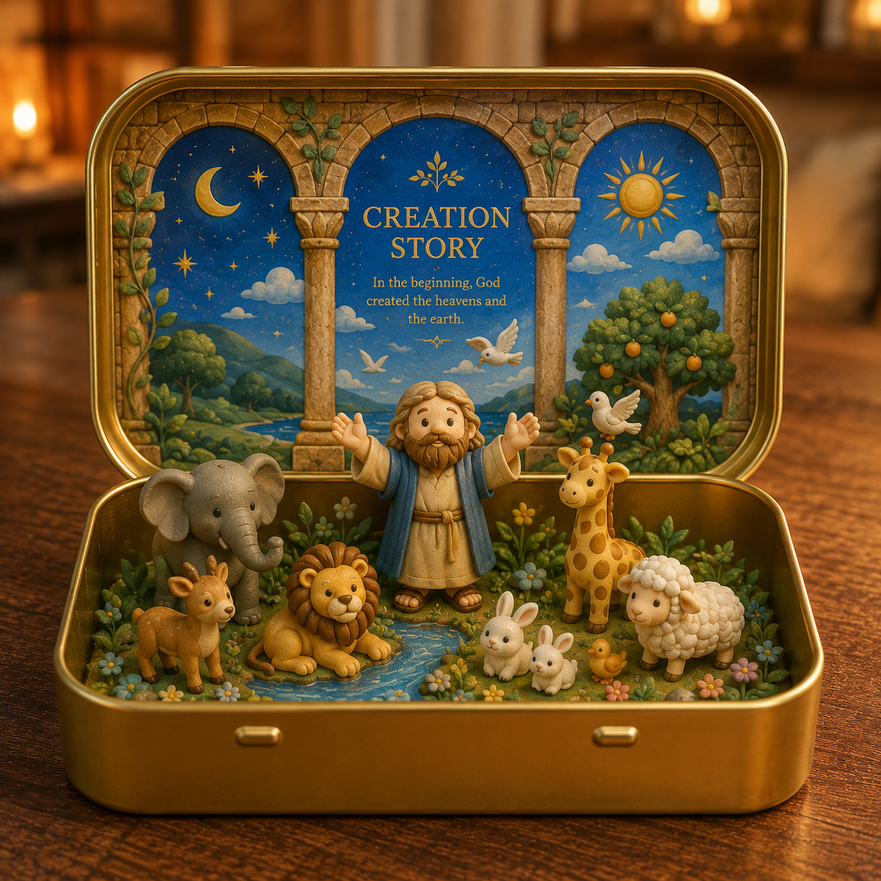 Council by Candlelight - A Miniature Hanukkah Menorah Diorama in a Golden Keepsake Tin