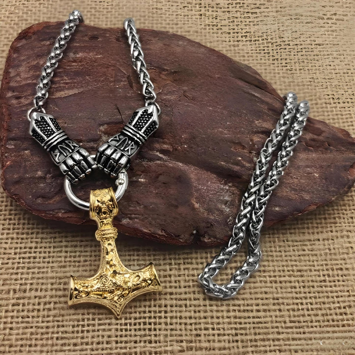 Viking Thor Hammer Pendant Necklace – Stainless Steel Byzantine Chain
