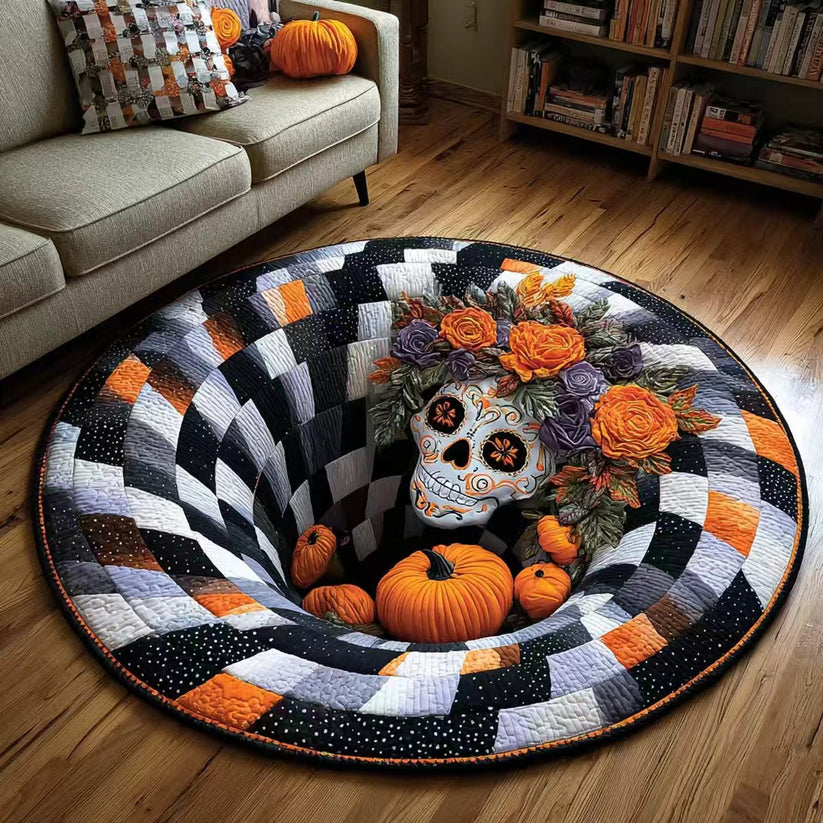 🎃 3D Optical Illusion Skeleton Vortex Quilted Round Halloween Rug
