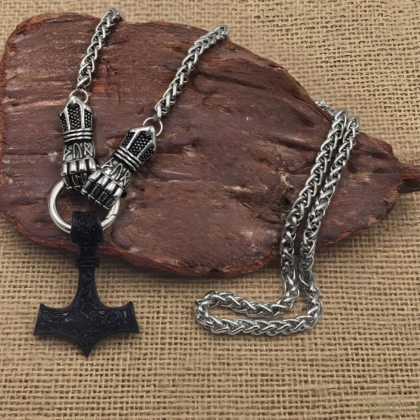 Viking Thor Hammer Pendant Necklace – Stainless Steel Byzantine Chain