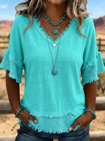 💖Women's Boho V-Neck T-Shirt with Frayed Edges 🌿 – Loose Fit, Breathable Summer Top in Soft Cotton👚