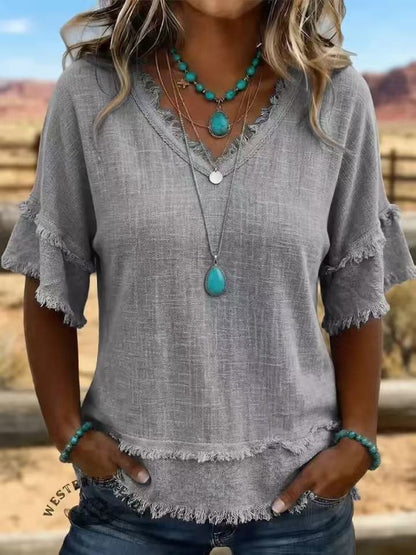 💖Women's Boho V-Neck T-Shirt with Frayed Edges 🌿 – Loose Fit, Breathable Summer Top in Soft Cotton👚