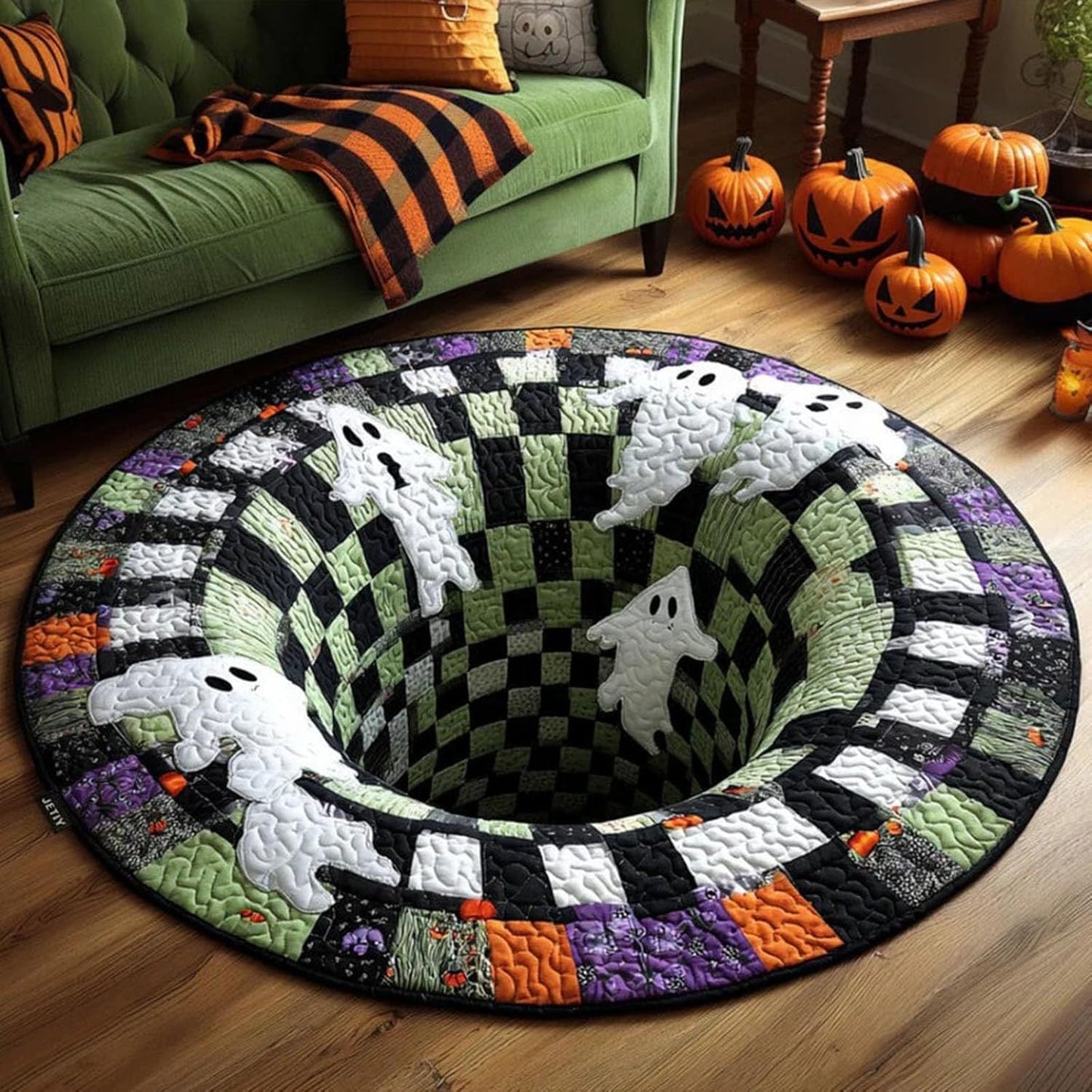 🎃 3D Optical Illusion Skeleton Vortex Quilted Round Halloween Rug